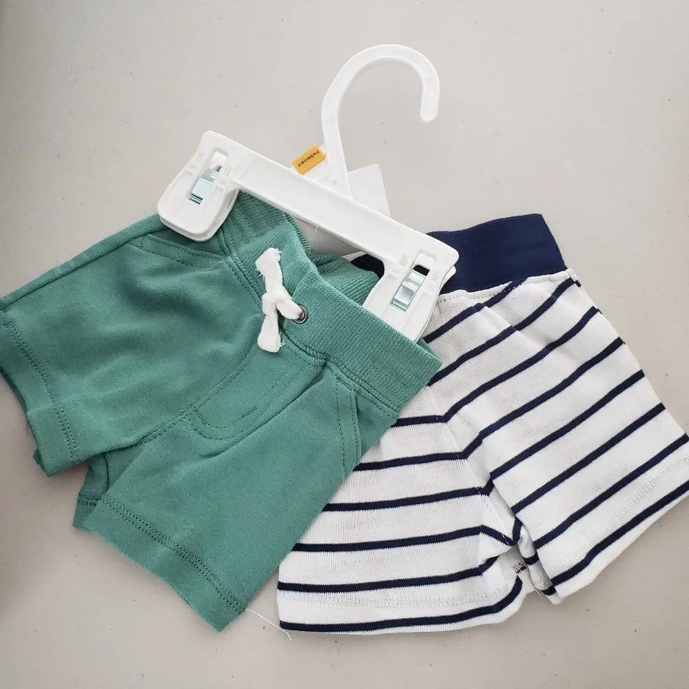NEW Carters Newborn Baby Boy Shorts 2 Pairs New Blue White Striped Green